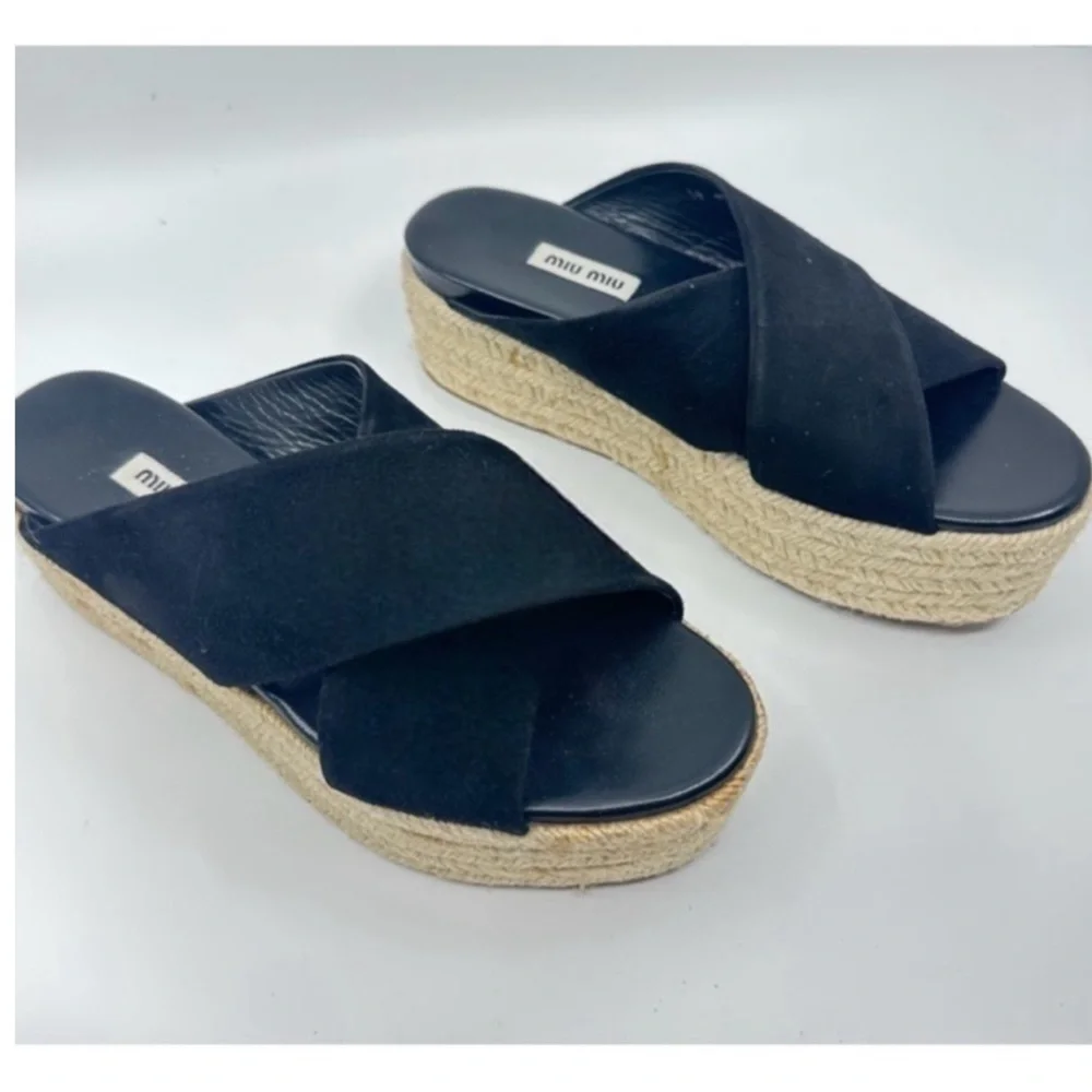 MIU MIU Suede Espadrille Platform Slip on Slides Sandals Black size 8 NEW